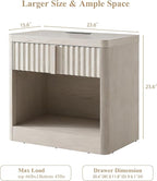 Fluted Nightstand with Charging Station, 23.6" End Table with Open Shelf and Drawers Storage, Bedside Table with Solid Wood Handle, Curved Profile Design, Night Stand for Bedroom