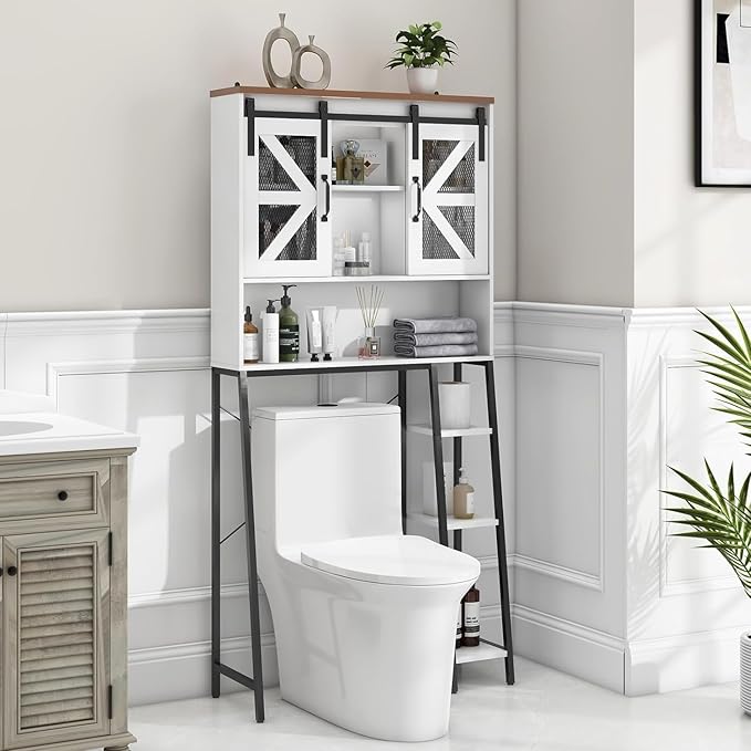 Over The Toilet Storage Cabinet, Farmhouse Storage Cabinet Over Toilet with 2 Sliding Barn Door，Home Space-Saving Toilet Rack, for Bathroom, Restroom, Laundry(White).