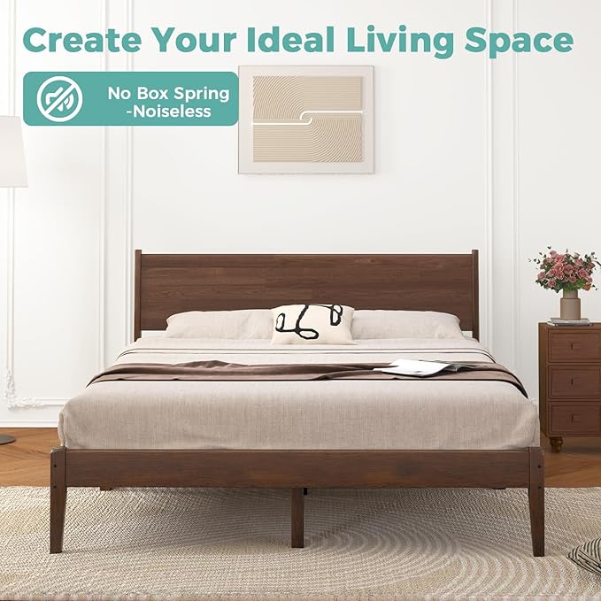 Queen Size Bed Frame with Farmhouse Headboard, Malaysian Oak Queen Bed Frame No Box Spring Needed, Platform Bedframe with 12 Slats Support, Easy Assembly, Antique Espresso