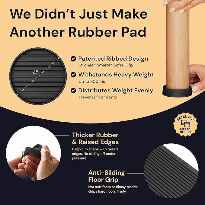 CasterMaster Non Slip Furniture Pads for Hardwood Floors - 4x4 Black Round Caster Cups - Rubber Feet for Furniture - Anti Slip Couch & Furniture Grip - Bed Frame Feet Protectors (Set of 4)