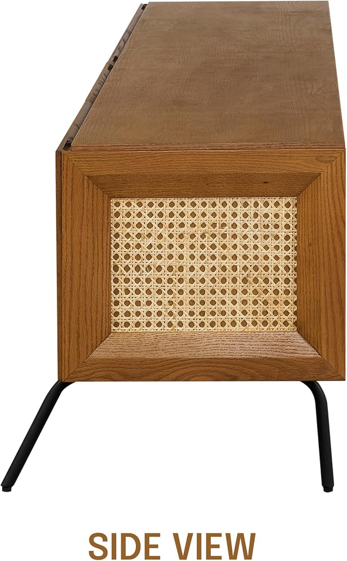 NTC Mossic TV Media Cabinet with 4 Doors for TVs, Entertainment Center with Natural Rattan, Metal Legs, Modern Storage Console for Living Room and Bedroom, Effortless Assembly, Rustic Oak
