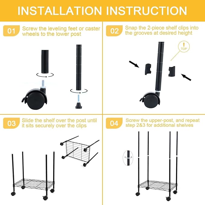 Simple Deluxe 6-Tier Shelving Units, 29.92'' W x 13.98'' D x 71.65'' H Adjustable Wire Shelving with Hanging Hooks and Wheels, Black