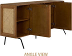 NTC MOSSIC Modern Sideboard with 4 Doors, Natural Rattan Storage Cabinet, Buffet with Metal Legs, Boho Accent Cabinet for Living Room, and Entryway, Effortless Assembly - Rustic Oak