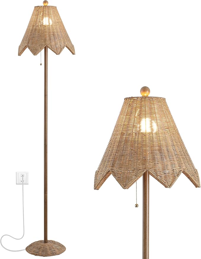 JONATHAN Y JYL5501A Tybee 60.5" Traditional Coastal Rattan Scalloped LED Floor Lamp Minimalist, Shabby Chic, Classic, Cottage, Bedroom, Living Room, Entryway, Office, Dining Room, Natural Brown