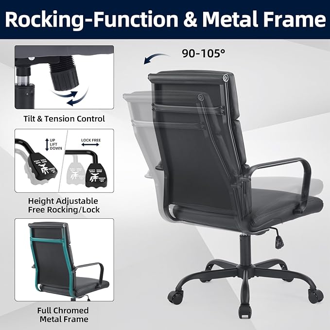 Office Chair, Ergonomic Adjustable Desk Chair, Mid Back Executive Comfortable Leather Lumbar Support Home Computer Chair with Padded Seat Swivel Wheels
