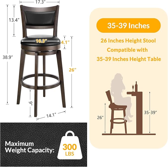 PrimeZone Swivel Bar Stools Set of 8, 26 Inch Counter Height Barstools, Black Faux Leather Bar Stool with High Backrest & Solid Wood Legs & Wrap-around Footrest, Counter Stools for Kitchen Island, Pub