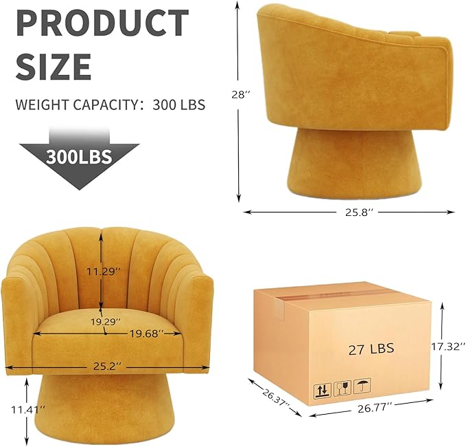 Swivel Accent Chair,Upholstered Velvet 360° Swivel Barrel Chair for Living Room Overstuffed Bouncle Reading Chair Round Armchair for Bedroom,Vanity,Office(Mustard)