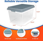 Hefty 72 Quart Hi-Rise Storage Bin with Lid, Stackable Plastic Container Tote for Home, Office, and Classroom Organization, 6 Pack, Smoke Blue