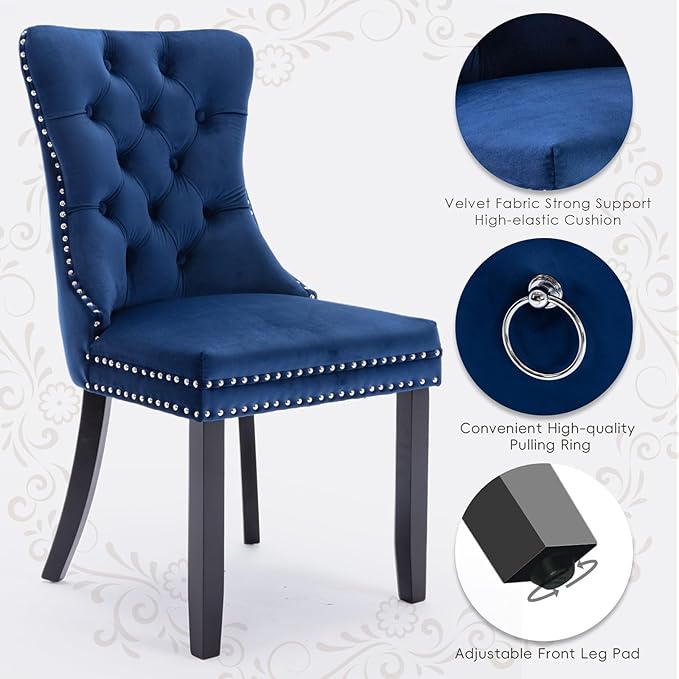 Velvet Upholstered Dining Chairs Set of 2, Modern Style Kitchen Side Chairs with Nailhead Trim and Wood Legs,Metal Pulling Ring for Dining Room Living Room(Blue,Set of 2)