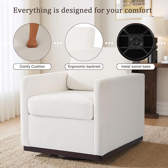 UIXE Swivel Accent Chair, Chenille Upholstered Armchair Comfy Club Chair for Living Room, Mid Century Modern Arm Chair Single Sofa Nook Bedroom Side Reading Seat - Beige