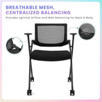 10 Pack Stackable Conference Room Chairs with Wheels and Paddle, Ergonomic Mesh Back and Arms for Meeting, Conference, Reception, Training Room & Home Office Desk Folding Chairs, Black