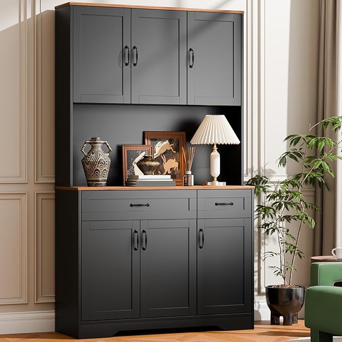 Cozy Castle 71" Tall Kitchen Hutch Cabinet with Drawers and Power Outlet, Farmhouse Pantry Storage Cabinet, Large Wood Coffee Bar Microwave Stand Cupboard for Dining Room Living Room, Black