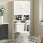 Vabches Over The Toilet Storage Cabinet, Rattan Storage Cabinet Over Toilet with 2 Doors & Toilet Paper Holder Stand, Freestanding Toilet Shelf Space Save with Anti-Tip Design Adjustable Shelf, White