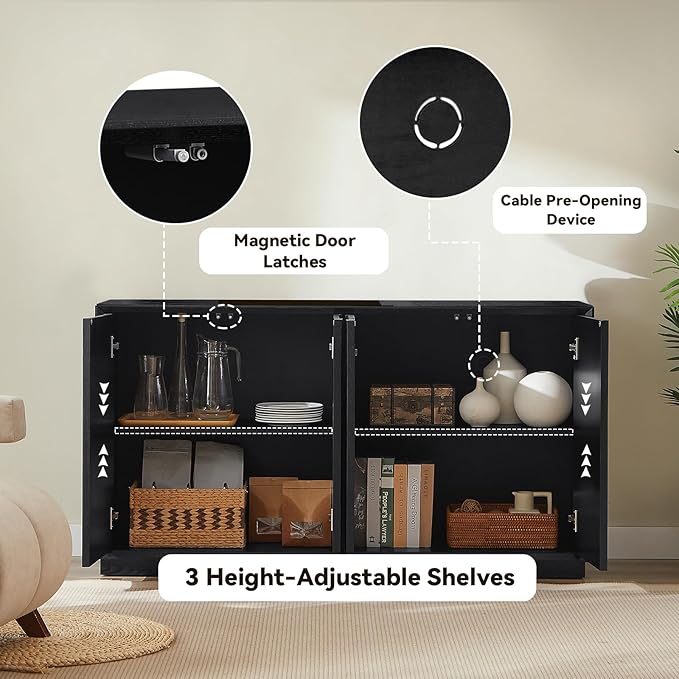 LKTART 59" Sideboard Buffet Cabinet Retro Accent Storage Cabinet with Magnetic Door Latches Adjustable Shelf for Living Room Kitchen(Black)