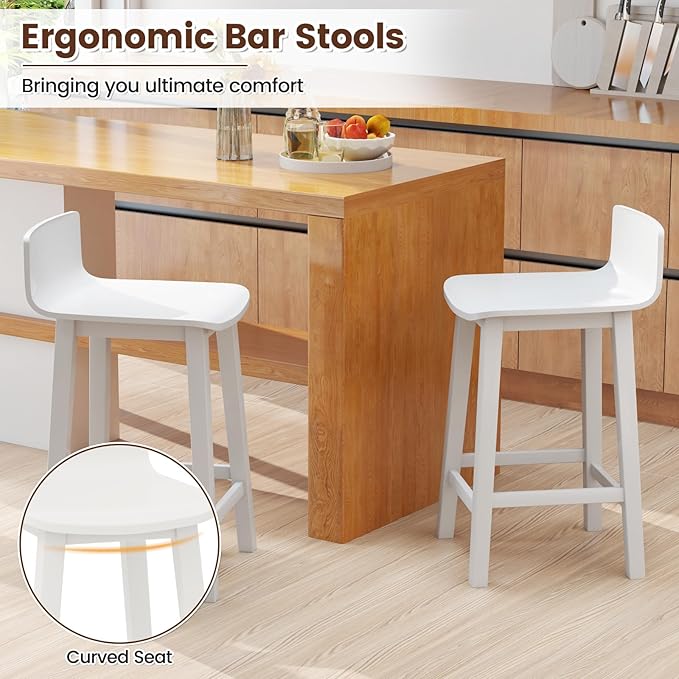 COSTWAY Solid Wood Bar Stools Set of 2, 24.5-inch Counter Height Chairs with Low Back and Footrest, Farmhouse Wooden Armless barstools for Kitchen Island, Dining Room, Cafe, Breakfast, White