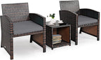 COSTWAY 3 Pieces Patio Furniture Sets, Outdoor Rattan Conversation Set with Tempered Glass Tabletop and Soft Cushion, Wicker Cushioned Chair Sofa for Backyard, Porch, Poolside, Lawn, Gray