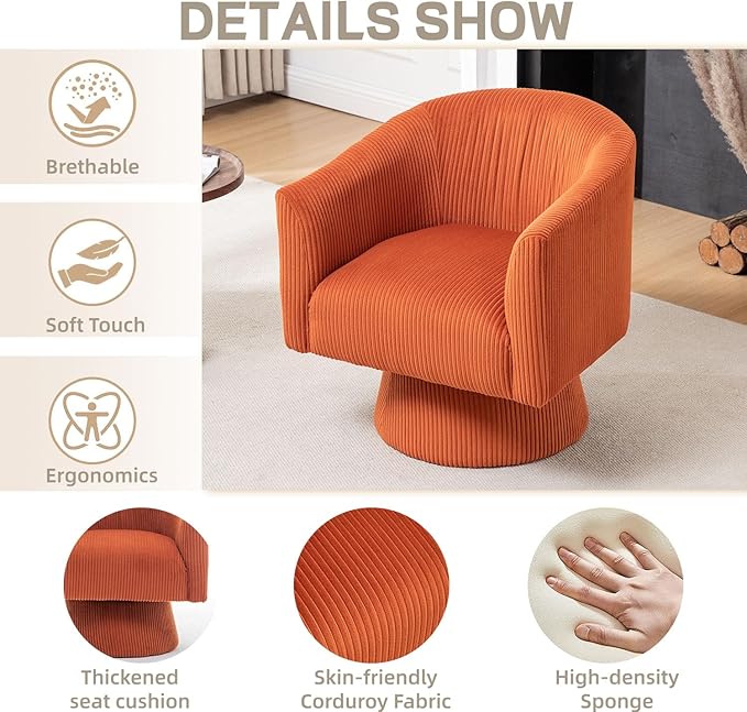 Swivel Accent Chair Set of 2, Modern 360° Swivel Barrel Chair, Corduroy Upholstered Single Sofa for Living Room, Bedroom(Orange)