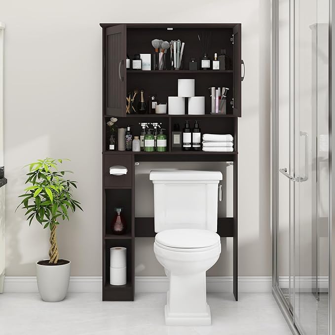 Vabches Over The Toilet Storage Cabinet, Farmhouse Storage Cabinet Over Toilet with Barn Door& Toilet Paper Holder Stand，Home Space-Saving Toilet Rack, for Bathroom, Restroom, Laundry.(Walnut)
