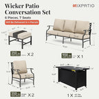 Patio Furniture Set, 6 Pcs Metal Outdoor Conversation Set, 2 Single Chairs, 2 Ottomans and 3 Seater Sofa with 5.75" Extra Thick Cushion and Gas Fire Pit Table, Beige