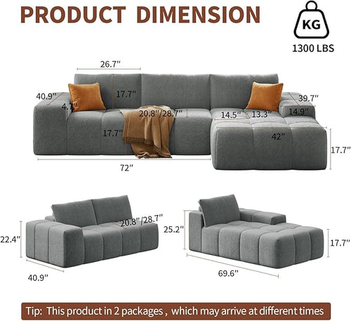 114” Oversized Modular Sectional Couch for Living Room, Chenille Boneless Couch L-Shape Cloud Sofa with Deep Seat and Chaise, Memory Foam Compressed Sofa for Living Room Furniture Bedroom Apartment