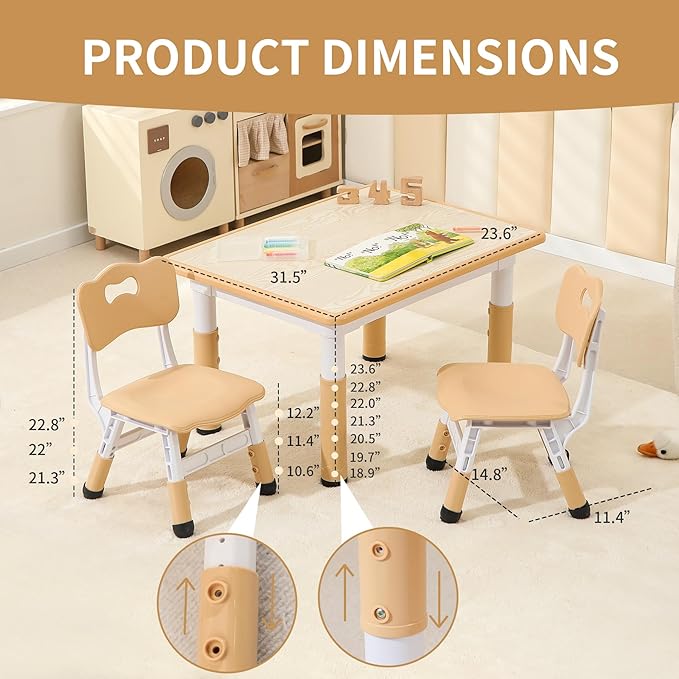 Toddler Table and 2 Chairs, Height-Adjustable Kids Table and Chairs Set, 31.5''L x 23.6''W Children Activity Table for Boys and Girls Aged 3-8