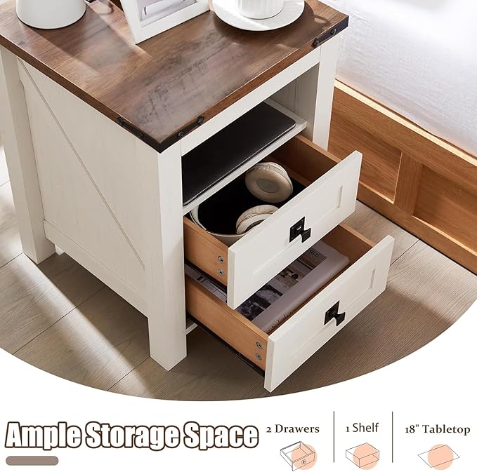 T4TREAM Farmhouse Nightstand Set of 2 with Charging Station, Rustic End Table with 2 Drawers, Storage Open Shelf for Bedroom, Living Room, Wood Side Table, Antique White