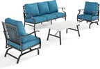 4 Piece Metal Outdoor Patio Furniture Set, Patio Conversation Set 3-seater Sofa, 2 Rocking Chair with 5.75" Extra Thick Cushion and Coffee Table, Black Frame Backyard Furniture, Blue-2