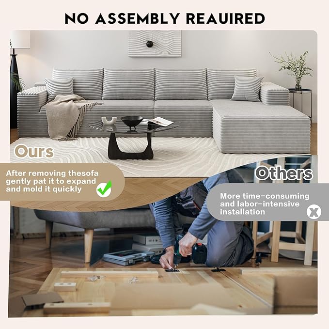135.4" Cloud Sectional Couch with L-Shape Chaise,Modern Modular Sofa with Deep Seat, Upholstered Couches for Living Room Bedroom Apartments,No Assembly Required, (Grey,Right Facing Chaise)