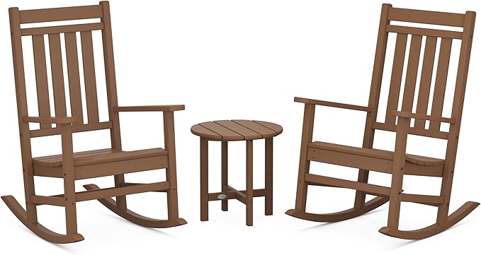 POLYWOOD Estate 3-Piece Rocking Chair Set, Outdoor Patio Furniture, Front Porch Rockers with Side Table, HDPE, Fade-Proof, Teak