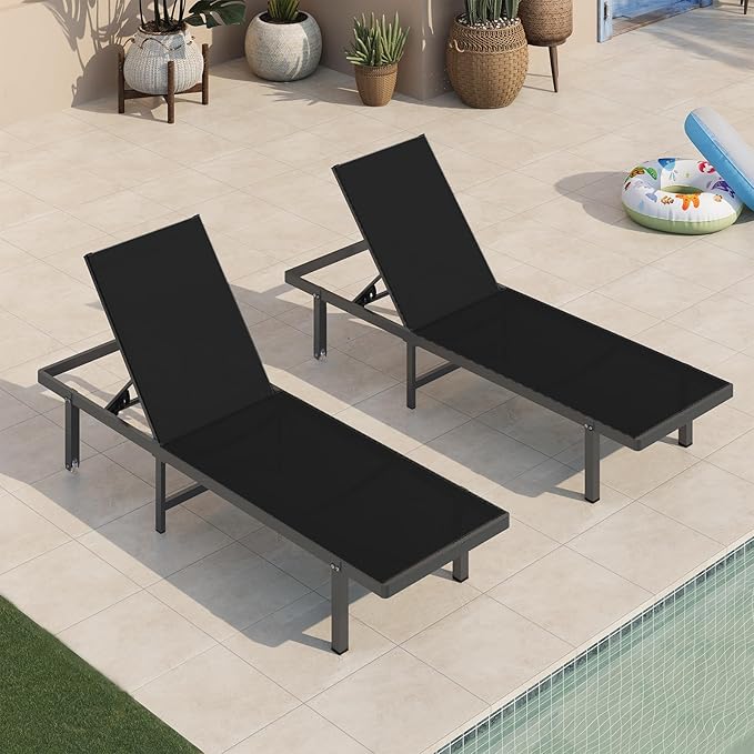 Pool Lounge Chairs Set of 2，Outdoor Lounge Chairs with Wheels and 5-Position Recliner -Easy to Move- Aluminum Patio Lounge Chair for Poolside, Deck (Black)