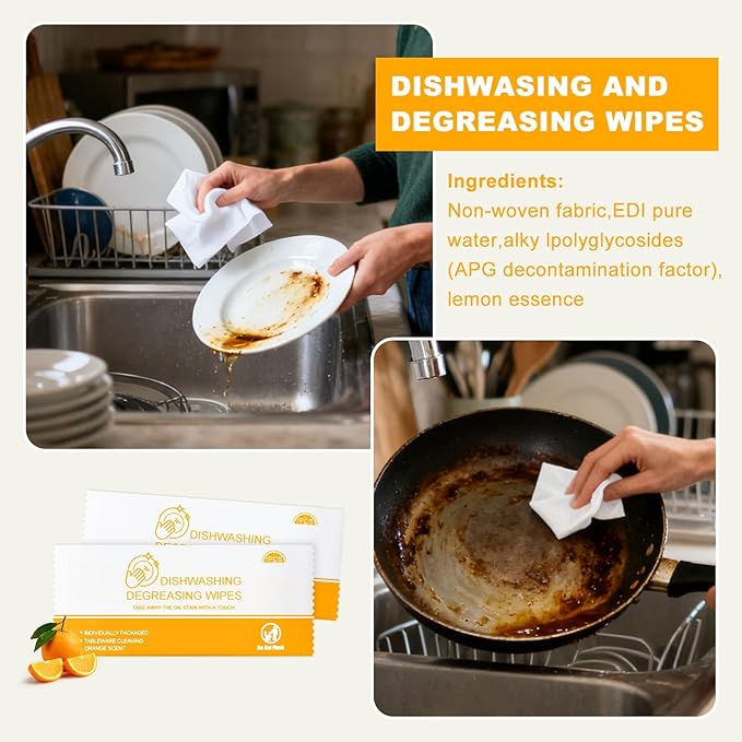Dish Cleaning Wipes Individually Wrapped Travel Dish Soap Wipes Orange Scent Disposable Wipes Portable for Kitchen Outdoor Traveling Camping RV Quick Clean (100)