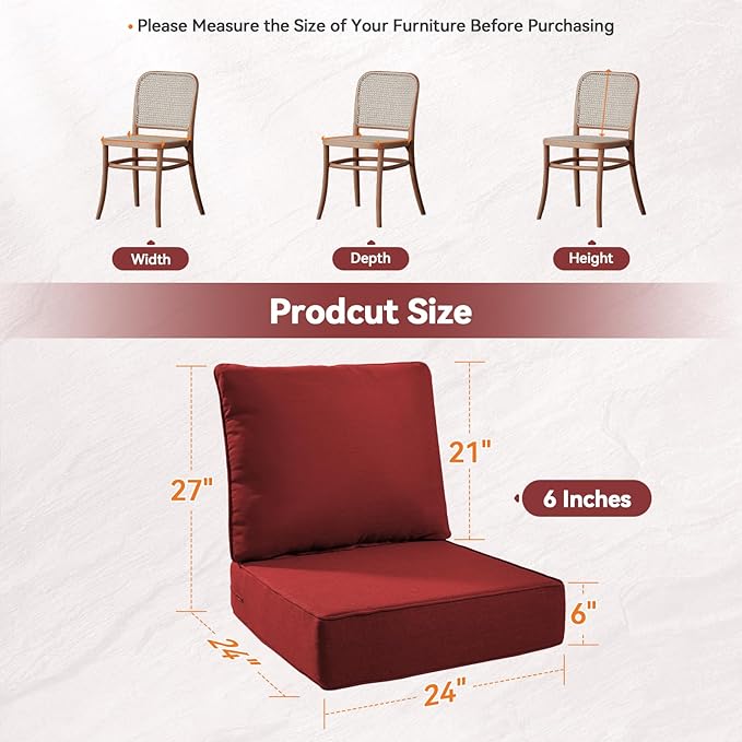 Luxury 6" Outdoor Cushions for Patio Furniture, 24x24x6" Thick Seat Cushion Set of 7, Fade Resistant Couch Chair Replacement Cushions High Density Deep Wicker Chair Cushion w/ Removable Cover, Red