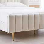 Livinia King Size Elton Velvet Platform Bed, Upholstered Bed Frame with Vertical Channel Tufted Headboard Footboard, Strong Wood Slats, No Box Spring Needed, Ivory (King)
