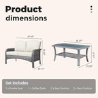 2 Pieces Wicker Patio Furniture Loveseat with Table - Outdoor Rattan Patio Bistro Set of 2,All-Weather PE Wicker Conversation Sofa High Back Deep Seating for Deck Porch Yard,Beige