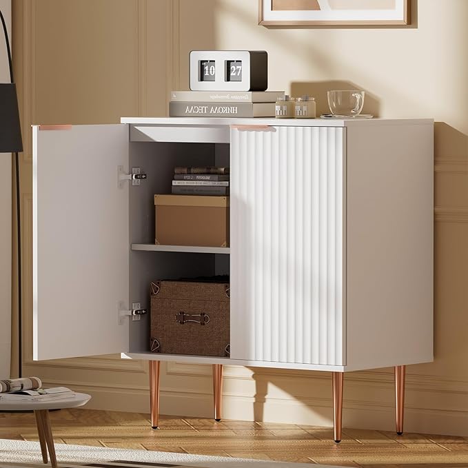 EOYUTLLY White Fluted Buffet Storage Cabinet,Wood Sideboard Buffet Cabinet with Adjustable Shelf & Rose Gold Colored Metal Legs, Accent Cabinet for Living Room,Kitchen, Assemble Easily