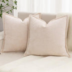 Beige Decorative Throw Pillow Covers 22x22 Inch Set of 2 Cozy Soild Chenille Cushion Cases Soft Textured Square Couch Pillows Cover Boho Accent Farmhouse Pillowcases for Sofa Bed
