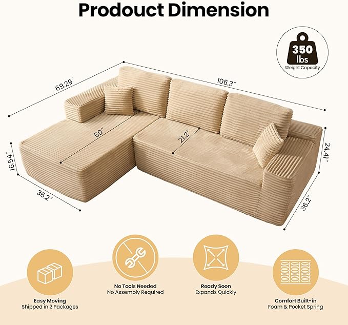 104" Cloud Sectional Couch with Chaise, Boneless L-Shaped Cloud Couch with Deep Seat, Soft Plush Modern Minimalist Sofa, Assembly Free Comfy Sofa for Office Living Room Apartment(Beige, Left Chaise)