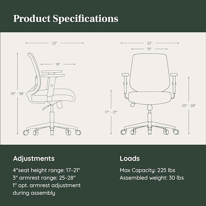 Branch Daily Chair - Vegan Leather Office Chair with Swivel, Lumbar Rest, and Adjustable Armrests - Comfortable Seating for Improved Posture and Productivity - Dune