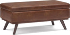 SIMPLIHOME Owen 42 inch Wide Mid Century Modern Rectangle Lift Top Large Coffee Table Storage Ottoman in Distressed Saddle Brown Vegan Faux Leather, Assembled, for the Living Room and Entryway