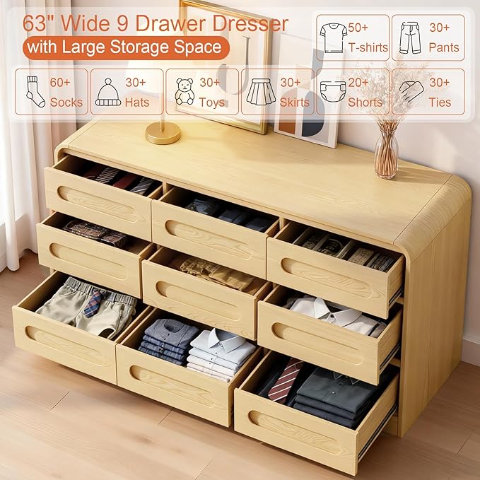 Dresser for Bedroom with 9 Drawers, 63" Large Modern Dressers & Chest of Drawers with Curved Profile Design, Wood Closet Clothes Storage Long Dressers Organizer for Bedroom Living Room Hallway, Oak