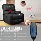 Rocking Recliner Chair, Massage Rocker Recliner Chair with Vibration Massage and Heat, USB and Type-C Ports,360° Swivel Faux Leather Chairs, Living Room, Bedroom, Nursery, RV, Black