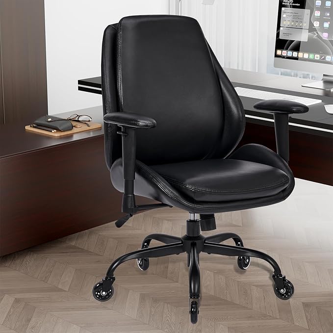 BEWISHOME Home Office Desk Chair, Black Leather Executive Chair with Adjustable Armrests, Computer Chair with Lumbar Support, 360° Swivel Ergonomic Rolling Chair for Adults, Up to 320lbs，BBY02B