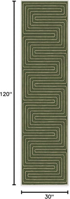 RUGGABLE x Jonathan Adler Machine Washable Modern Runner Rug – Labyrinth Fern Green 2.5x10, Stain-Resistant, Non-Slip – Washable Rug for Hallway, Entryway, Living Room & Kitchen–with Standard Pad