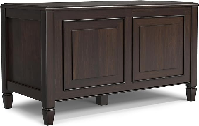 SIMPLIHOME Connaught Entryway Storage Bench - 36 inch Wide Solid Wood Small Storage Trunk Seat in Chestnut Brown, Traditional Bench for Entryway or Living Room with Lift-Up Lid and Paneled Front