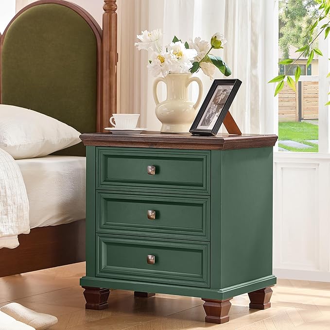 Farmhouse Nightstand Set of 2, Rustic Accent End Table with 3 Drawers & 4 Square Solid Wood Legs, Vintage Bed Side Table with Storage, Small Dresser for Bedroom, Living Room, Green