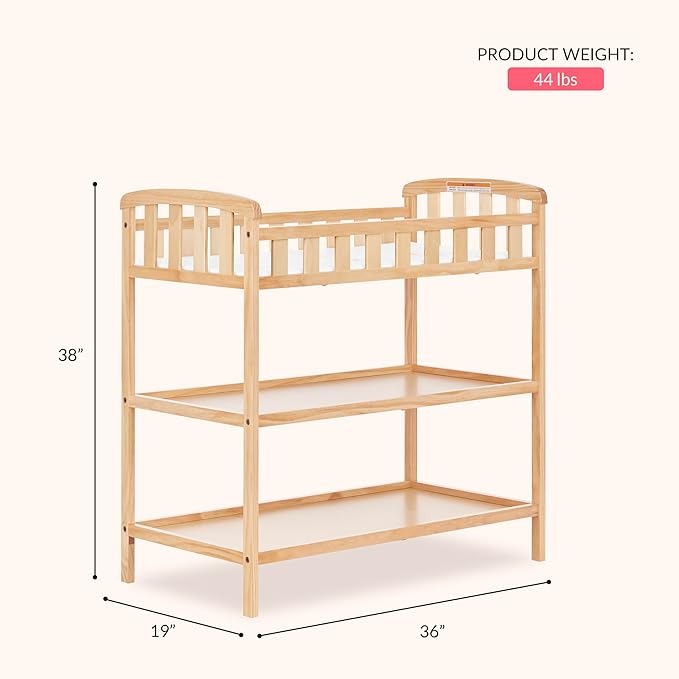 Dream On Me Emily Changing Table, Compact and Portable, Solid New Zealand Pinewood, Safety Rails, Two Storage Shelves, Includes Water-Resistant 1" Changing Pad — Natural