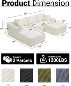 108 Inch Cloud Sectional Couch,Modern Modular Sectional Sofa with Deep Seat,Corduroy Boneless Couches with L-Shape Chaise for Living Room,No Assembly Required (Beige, Left Facing Chaise + Ottoman)