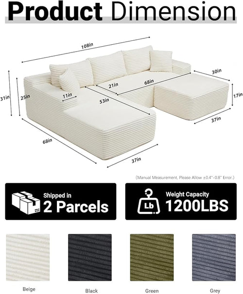 108 Inch Cloud Sectional Couch,Modern Modular Sectional Sofa with Deep Seat,Corduroy Boneless Couches with L-Shape Chaise for Living Room,No Assembly Required (Beige, Left Facing Chaise + Ottoman)