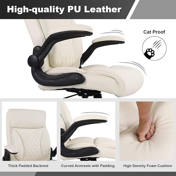 Youhauchair Executive Office Chair, Ergonomic PU Leather Computer Desk Chair with Lumbar Support, Flip-up Armrests and Adjustable Height, for Home Office, Beige