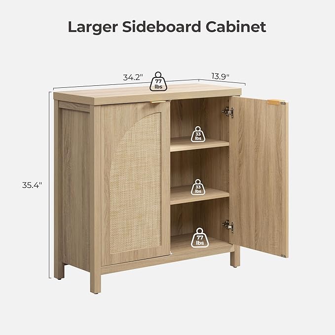 SICOTAS 102"W Rattan Sideboard Buffet Cabinet Set of 3, Mid Century Modern Credenza Storage Cabinet with Arch Doors & Shelves Boho Coffee Bar Media Console Cabinets for Kitchen, Living Room, Entryway